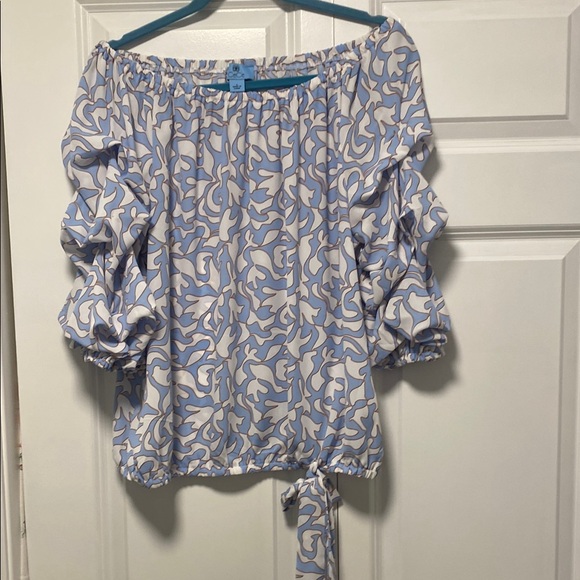 CeCe Tops - Blue and White Off-Shoulder Women's Top